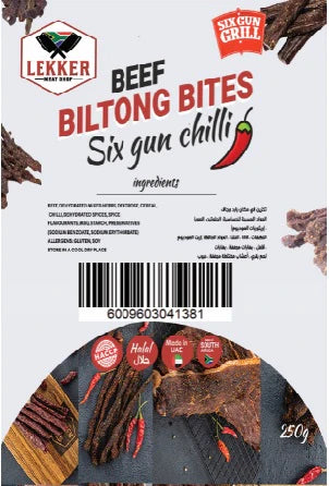 LEKKER BEEF BILTONG STICKS SIX GUN CHILLI 250G