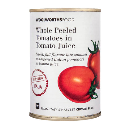 WOOLWORTHS WHOLE PEELED TOMATOES IN TOMATO JUICE 500G