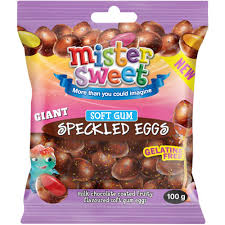 MISTER SWEET SOFT GUM SPECKLED EGGS MILK /CHOC FRUITY 100G